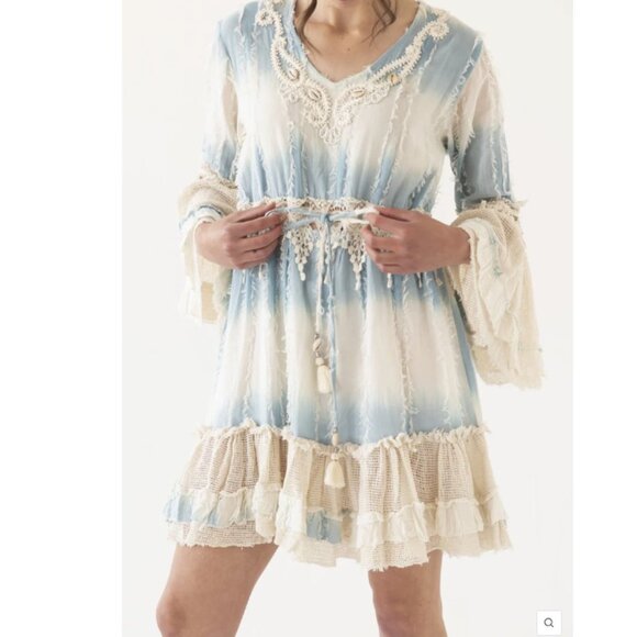 Bognar Blu Blue Cream Tie Dye Flare Sleeve Fairy Boho Layered Dress M/L Festival - Picture 1 of 16